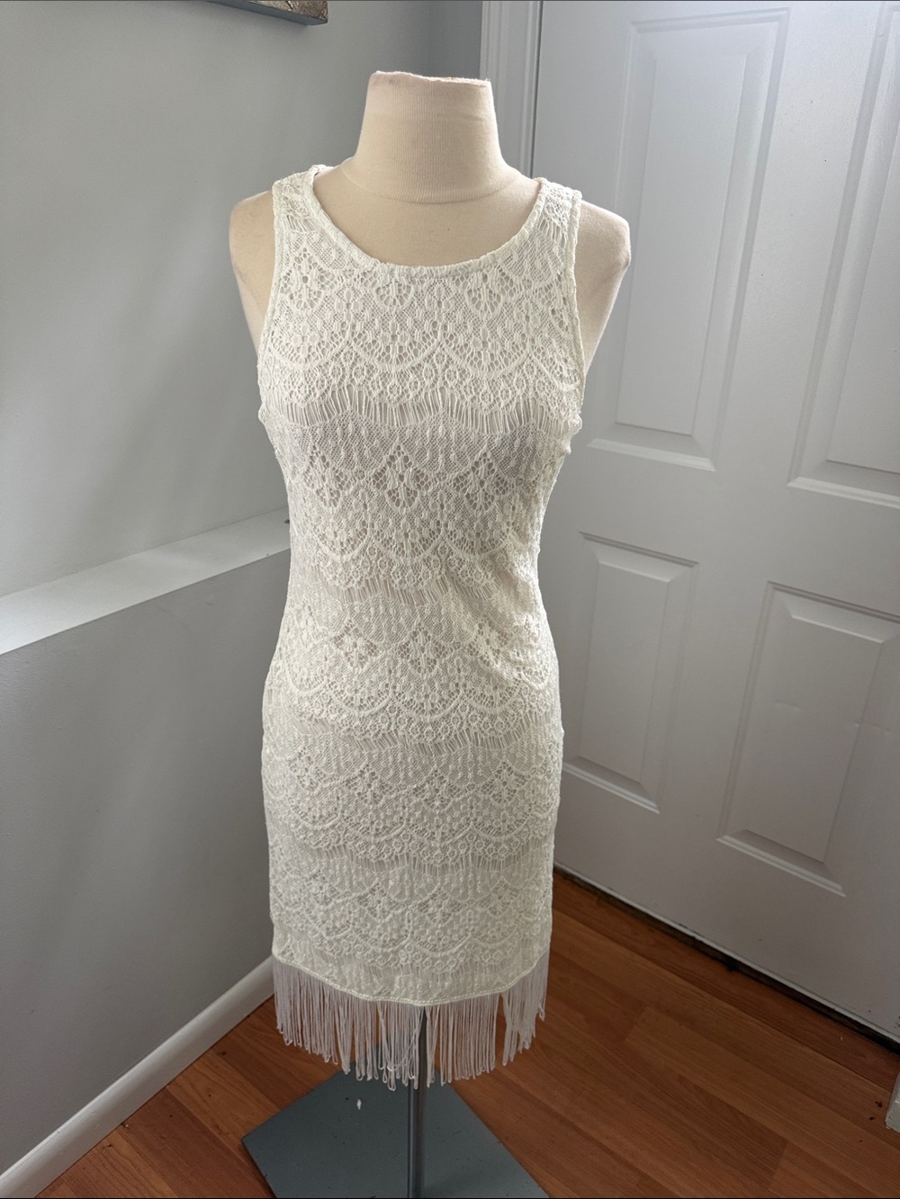 Crystal Doll Ivory Lace Fringe Mini Dress (75)